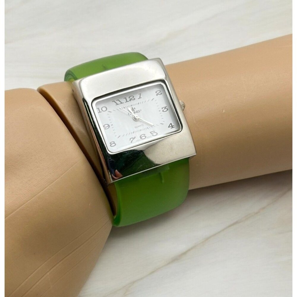 Green Opaque Womens Wide Cuff Watch Silver Tone Square Face Cannes Retro 80s
